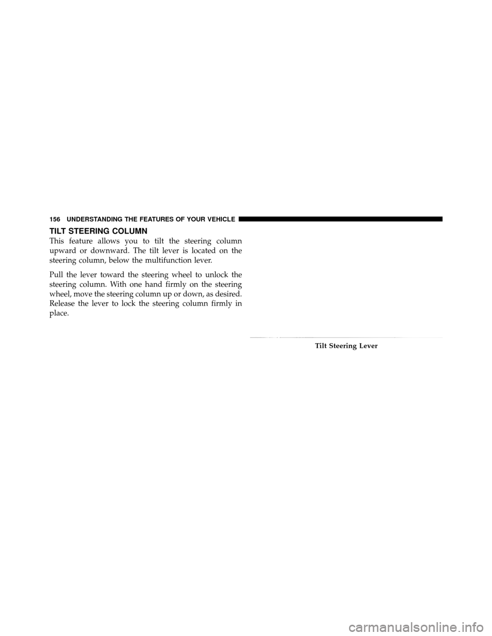 Ram 1500 2009  Owners Manual TILT STEERING COLUMN
This feature allows you to tilt the steering column
upward or downward. The tilt lever is located on the
steering column, below the multifunction lever.
Pull the lever toward the 