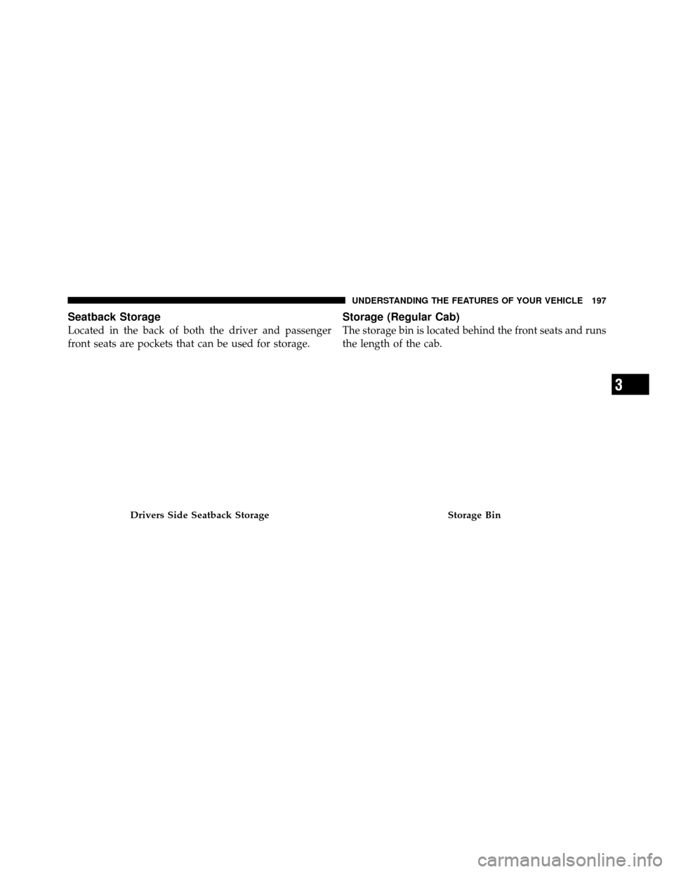 Ram 1500 2009  Owners Manual Seatback Storage
Located in the back of both the driver and passenger
front seats are pockets that can be used for storage.
Storage (Regular Cab)
The storage bin is located behind the front seats and 