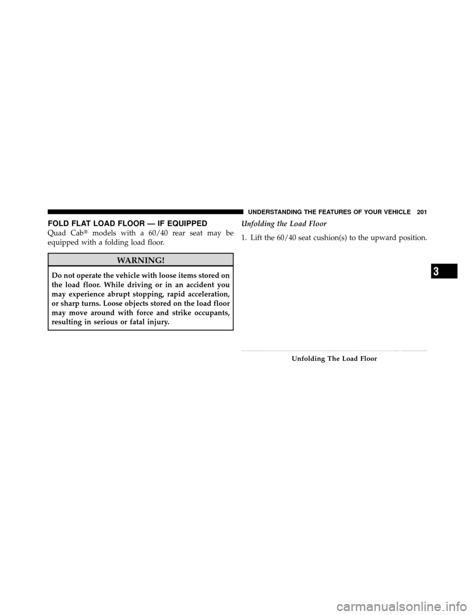 Ram 1500 2009  Owners Manual FOLD FLAT LOAD FLOOR — IF EQUIPPED
Quad Cabmodels with a 60/40 rear seat may be
equipped with a folding load floor.
WARNING!
Do not operate the vehicle with loose items stored on
the load floor. Wh