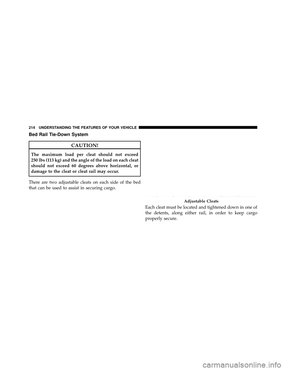 Ram 1500 2009  Owners Manual Bed Rail Tie-Down System
CAUTION!
The maximum load per cleat should not exceed
250 lbs (113 kg) and the angle of the load on each cleat
should not exceed 60 degrees above horizontal, or
damage to the 