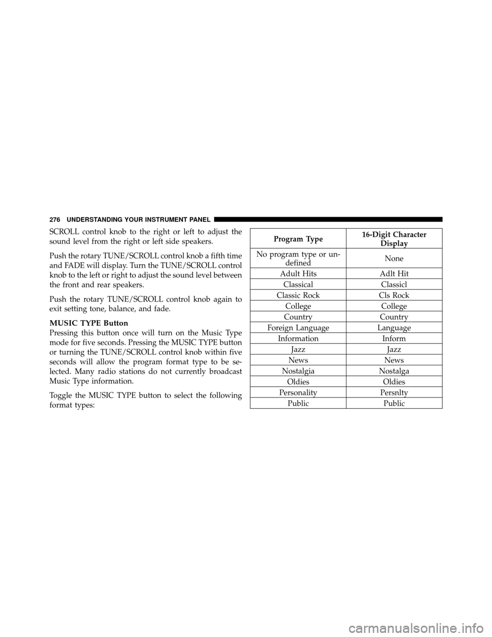 Ram 1500 2009  Owners Manual SCROLL control knob to the right or left to adjust the
sound level from the right or left side speakers.
Push the rotary TUNE/SCROLL control knob a fifth time
and FADE will display. Turn the TUNE/SCRO