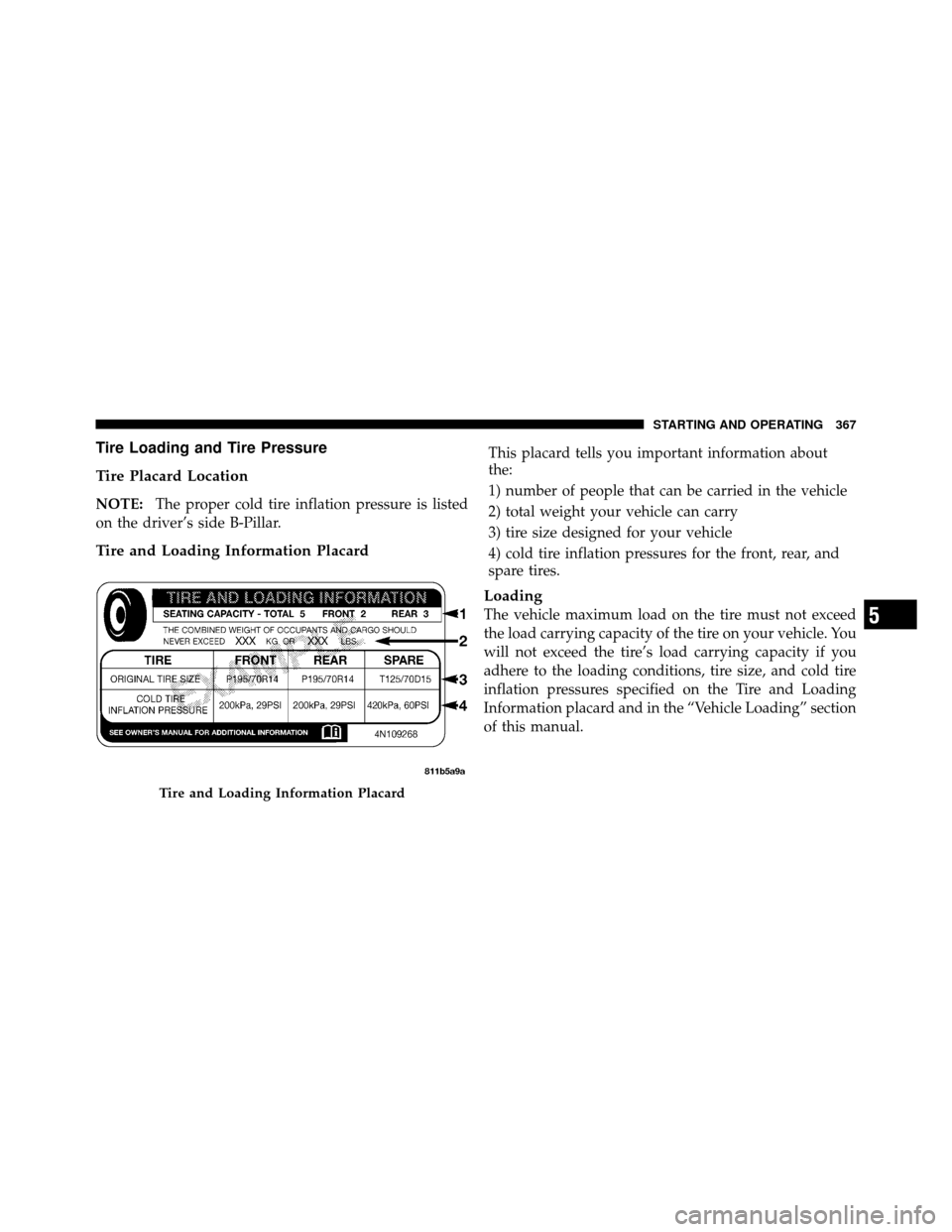 Ram 1500 2009 Owners Manual Tire Loading and Tire Pressure
Tire Placard Location
NOTE:The proper cold tire inflation pressure is listed
on the driver’s side B-Pillar.
Tire and Loading Information Placard
This placard tells you Ram 1500 2009 Owners Manual Tire Loading and Tire Pressure
Tire Placard Location
NOTE:The proper cold tire inflation pressure is listed
on the driver’s side B-Pillar.
Tire and Loading Information Placard
This placard tells you