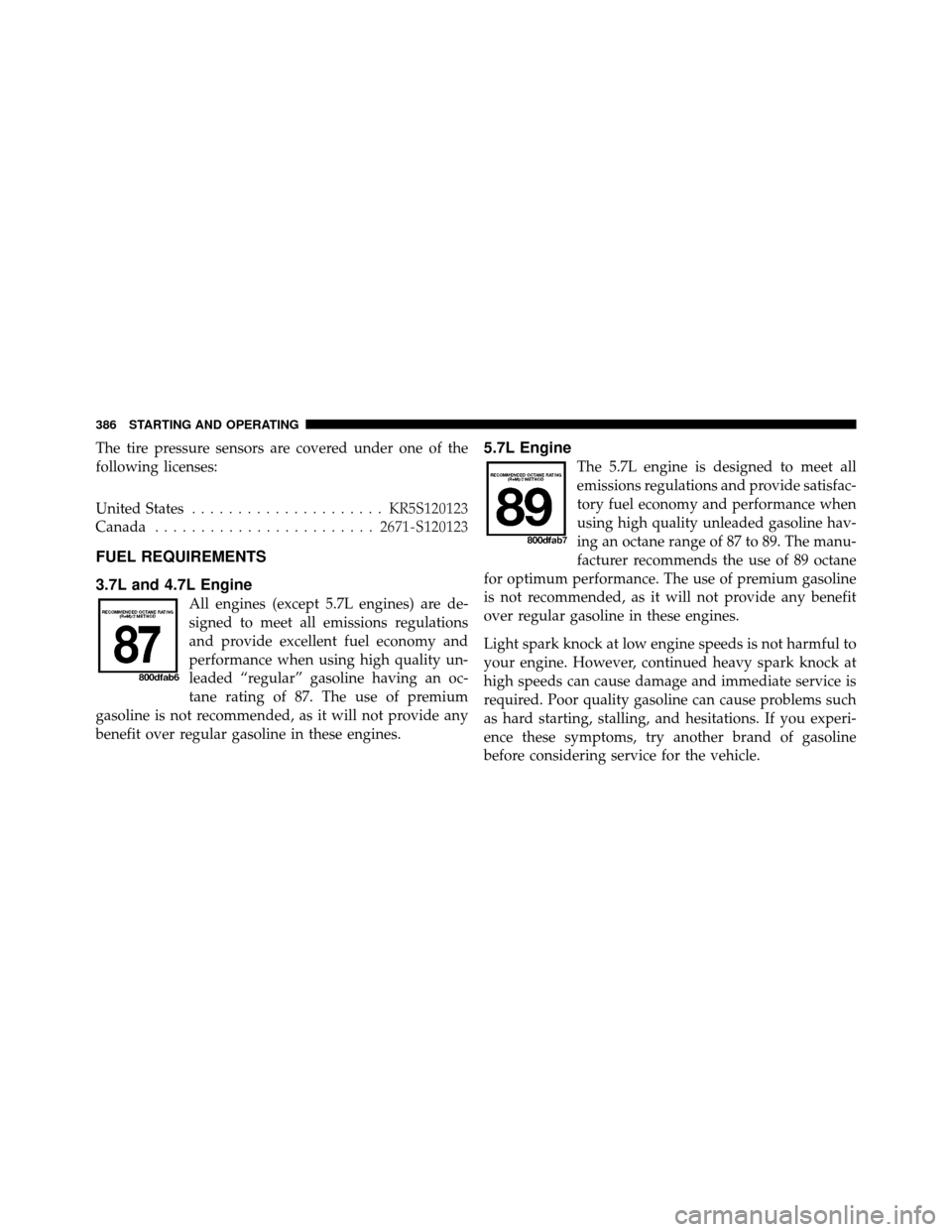 Ram 1500 2009 Owners Guide The tire pressure sensors are covered under one of the
following licenses:
United States..................... KR5S120123
Canada ........................ 2671-S120123
FUEL REQUIREMENTS
3.7L and 4.7L En