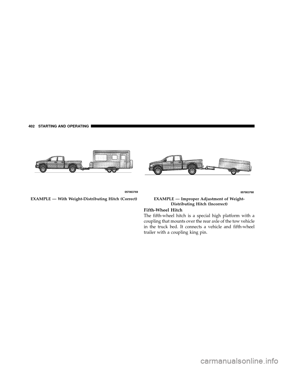 Ram 1500 2009 Owners Manual Fifth-Wheel Hitch
The fifth-wheel hitch is a special high platform with a
coupling that mounts over the rear axle of the tow vehicle
in the truck bed. It connects a vehicle and fifth-wheel
trailer wit Ram 1500 2009 Owners Manual Fifth-Wheel Hitch
The fifth-wheel hitch is a special high platform with a
coupling that mounts over the rear axle of the tow vehicle
in the truck bed. It connects a vehicle and fifth-wheel
trailer wit
