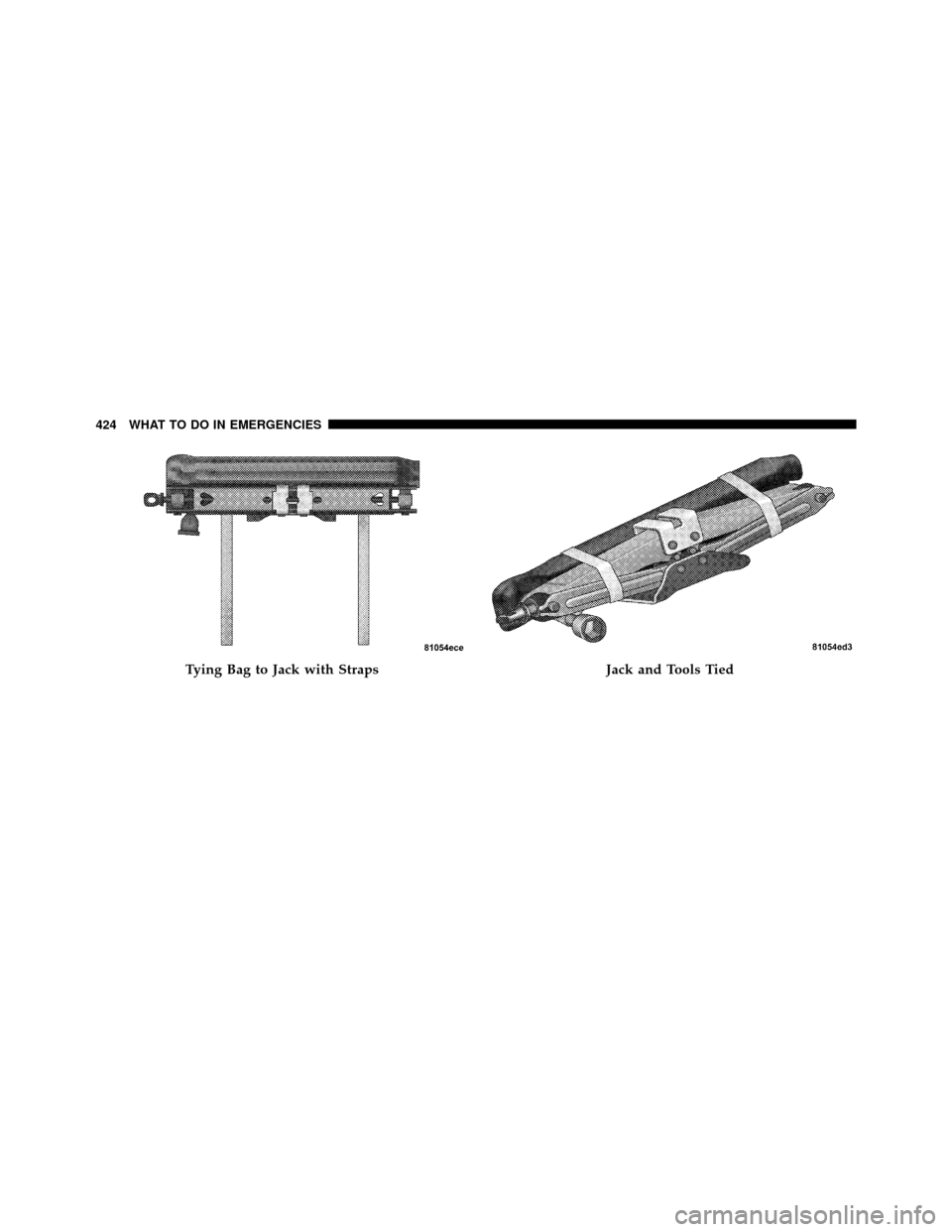 Ram 1500 2009  Owners Manual Tying Bag to Jack with StrapsJack and Tools Tied
424 WHAT TO DO IN EMERGENCIES 