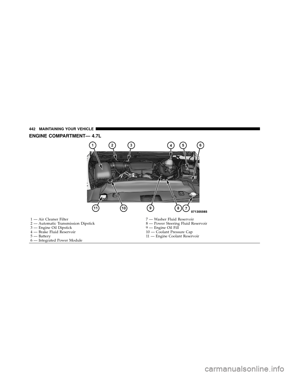 Ram 1500 2009  Owners Manual ENGINE COMPARTMENT— 4.7L
1 — Air Cleaner Filter7 — Washer Fluid Reservoir
2 — Automatic Transmission Dipstick 8 — Power Steering Fluid Reservoir
3 — Engine Oil Dipstick 9 — Engine Oil Fi