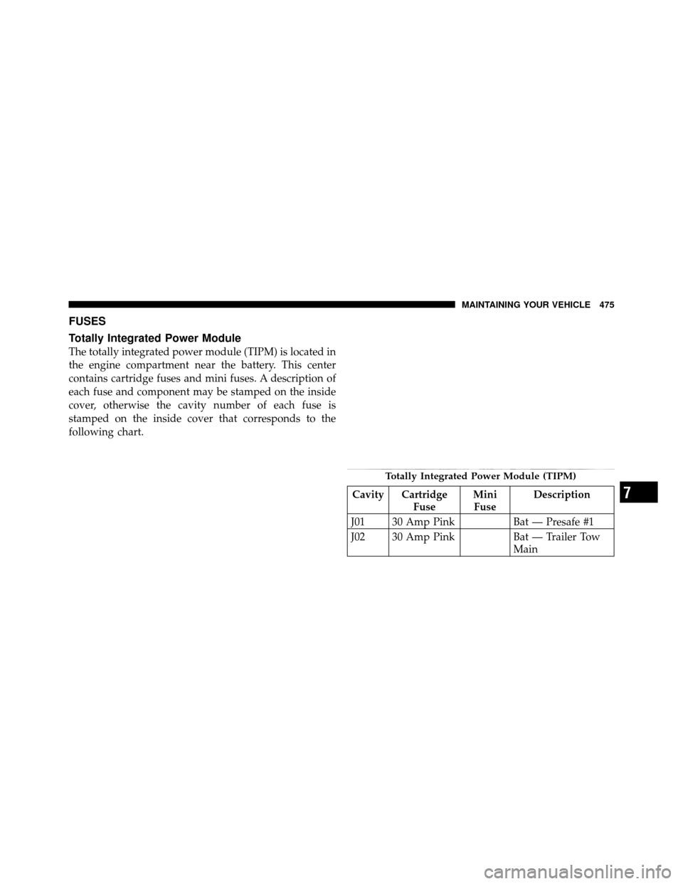 Ram 1500 2009  Owners Manual FUSES
Totally Integrated Power Module
The totally integrated power module (TIPM) is located in
the engine compartment near the battery. This center
contains cartridge fuses and mini fuses. A descripti