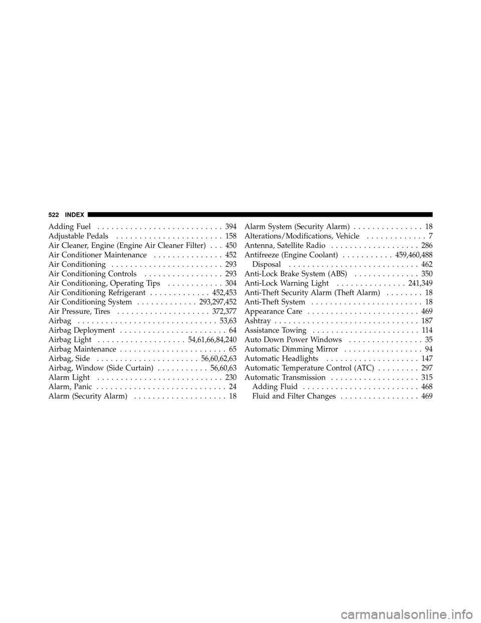 Ram 1500 2009  Owners Manual Adding Fuel........................... 394
Adjustable Pedals ....................... 158
Air Cleaner, Engine (Engine Air Cleaner Filter) . . . 450
Air Conditioner Maintenance ............... 452
Air C