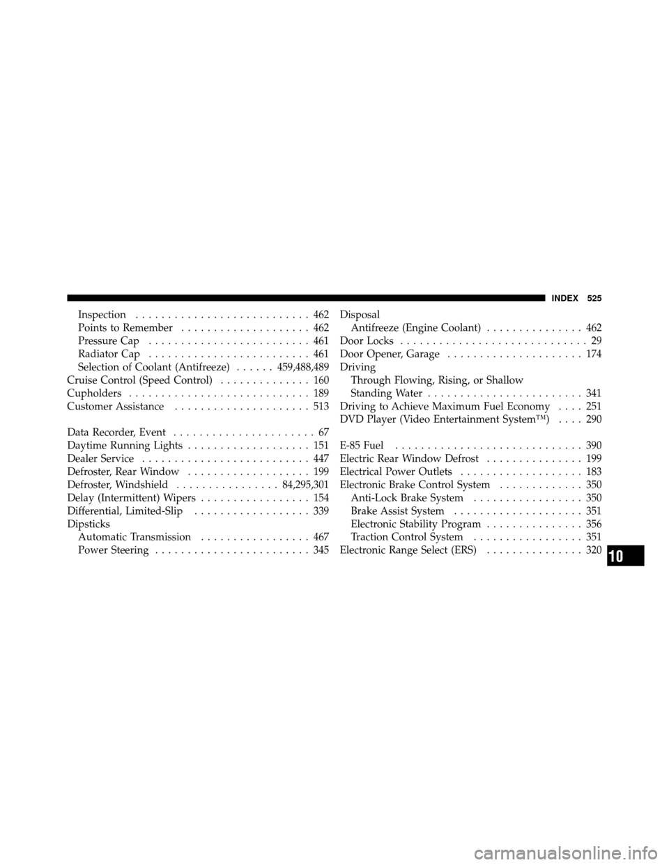 Ram 1500 2009  Owners Manual Inspection........................... 462
Points to Remember .................... 462
Pressure Cap ......................... 461
Radiator Cap ......................... 461
Selection of Coolant (Antifr