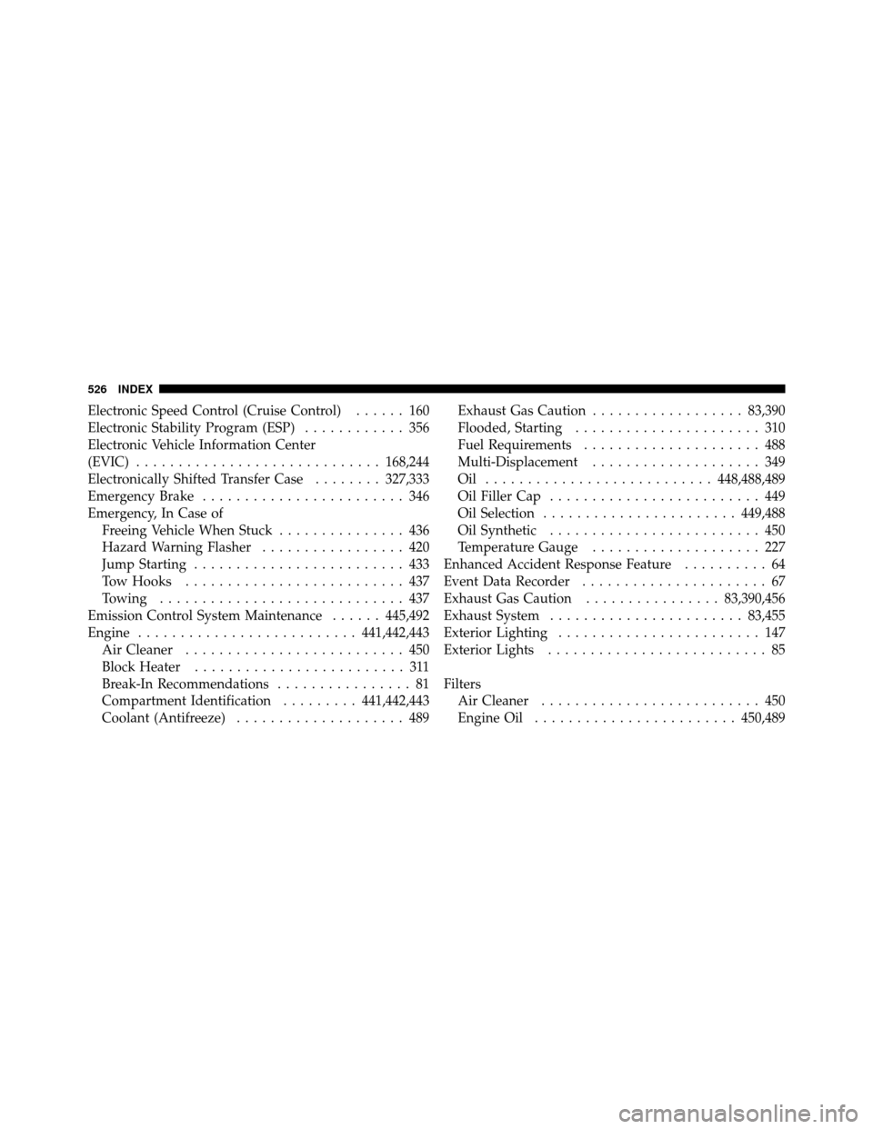 Ram 1500 2009  Owners Manual Electronic Speed Control (Cruise Control)...... 160
Electronic Stability Program (ESP) ............ 356
Electronic Vehicle Information Center
(EVIC) ............................. 168,244
Electronicall