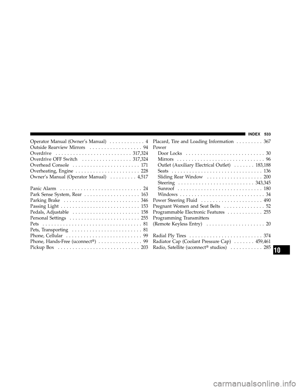 Ram 1500 2009  Owners Manual Operator Manual (Owner’s Manual)............ 4
Outside Rearview Mirrors .................. 94
Overdrive .......................... 317,324
Overdrive OFF Switch .................317,324
Overhead Cons