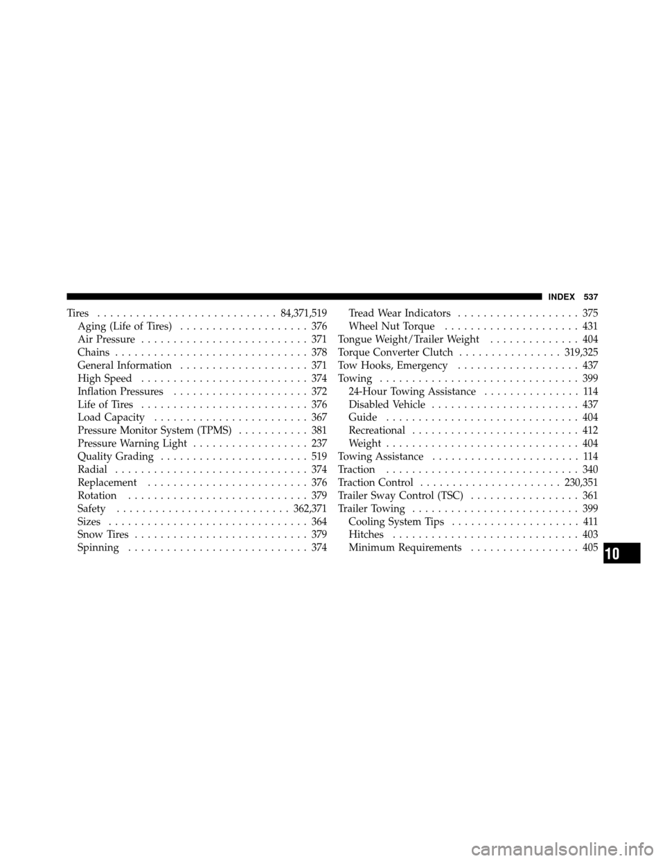 Ram 1500 2009  Owners Manual Tires ............................84,371,519
Aging (Life of Tires) .................... 376
Air Pressure .......................... 371
Chains .............................. 378
General Information ..