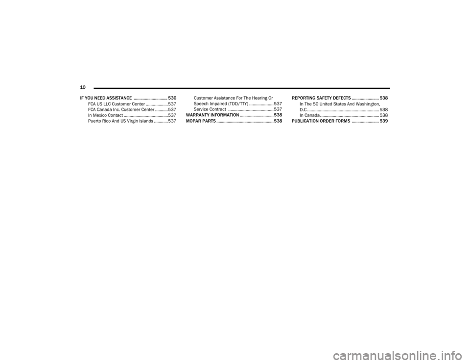 Ram 2500 2020 User Guide 
10 
IF YOU NEED ASSISTANCE  .............................. 536 FCA US LLC Customer Center ...................537
FCA Canada Inc. Customer Center ........... 537
In Mexico Contact ....................