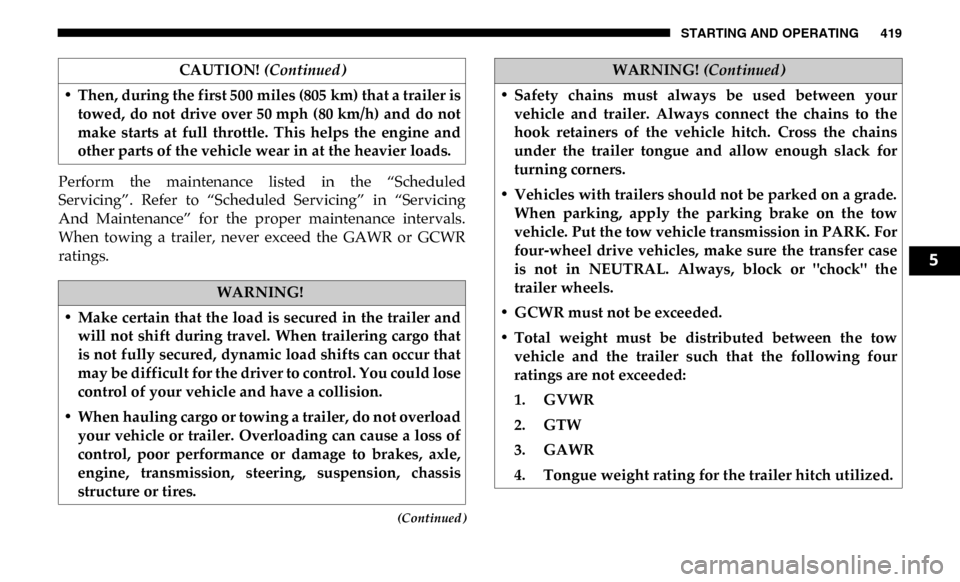Ram 2500 2019 Owners Manual STARTING AND OPERATING 419
(Continued)
Perform the maintenance listed in the “Scheduled
Servicing”. Refer to “Scheduled Servicing” in “Servicing
And Maintenance” for the pr Ram 2500 2019 Owners Manual STARTING AND OPERATING 419
(Continued)
Perform the maintenance listed in the “Scheduled
Servicing”. Refer to “Scheduled Servicing” in “Servicing
And Maintenance” for the pr