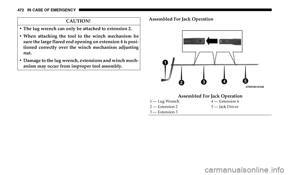 Ram 2500 2019  Owners Manual 472 IN CASE OF EMERGENCY
Assembled For Jack OperationAssembled For Jack Operation
CAUTION!
• The lug wrench can only be attached to extension 2.
• When  attaching  the  tool  to  the  winch  mecha