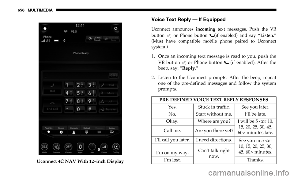 Ram 2500 2019 Manual PDF 658 MULTIMEDIA
Uconnect 4C NAV With 12–inch Display
Voice Text Reply — If Equipped
Uconnect announces incoming text messages. Push the VR
button or Phone button (if enabled) and sa Ram 2500 2019 Manual PDF 658 MULTIMEDIA
Uconnect 4C NAV With 12–inch Display
Voice Text Reply — If Equipped
Uconnect announces incoming text messages. Push the VR
button or Phone button (if enabled) and sa