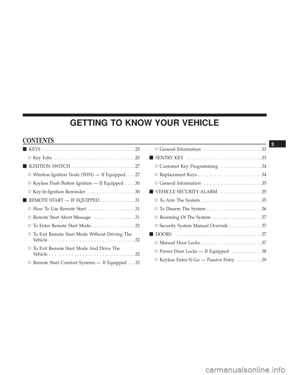 Ram 2500 2018  Owners Manual GETTING TO KNOW YOUR VEHICLE
CONTENTS
KEYS .................................20
▫ Key Fobs .............................20
 IGNITION SWITCH .......................27
▫ Wireless Ignition Node (WIN