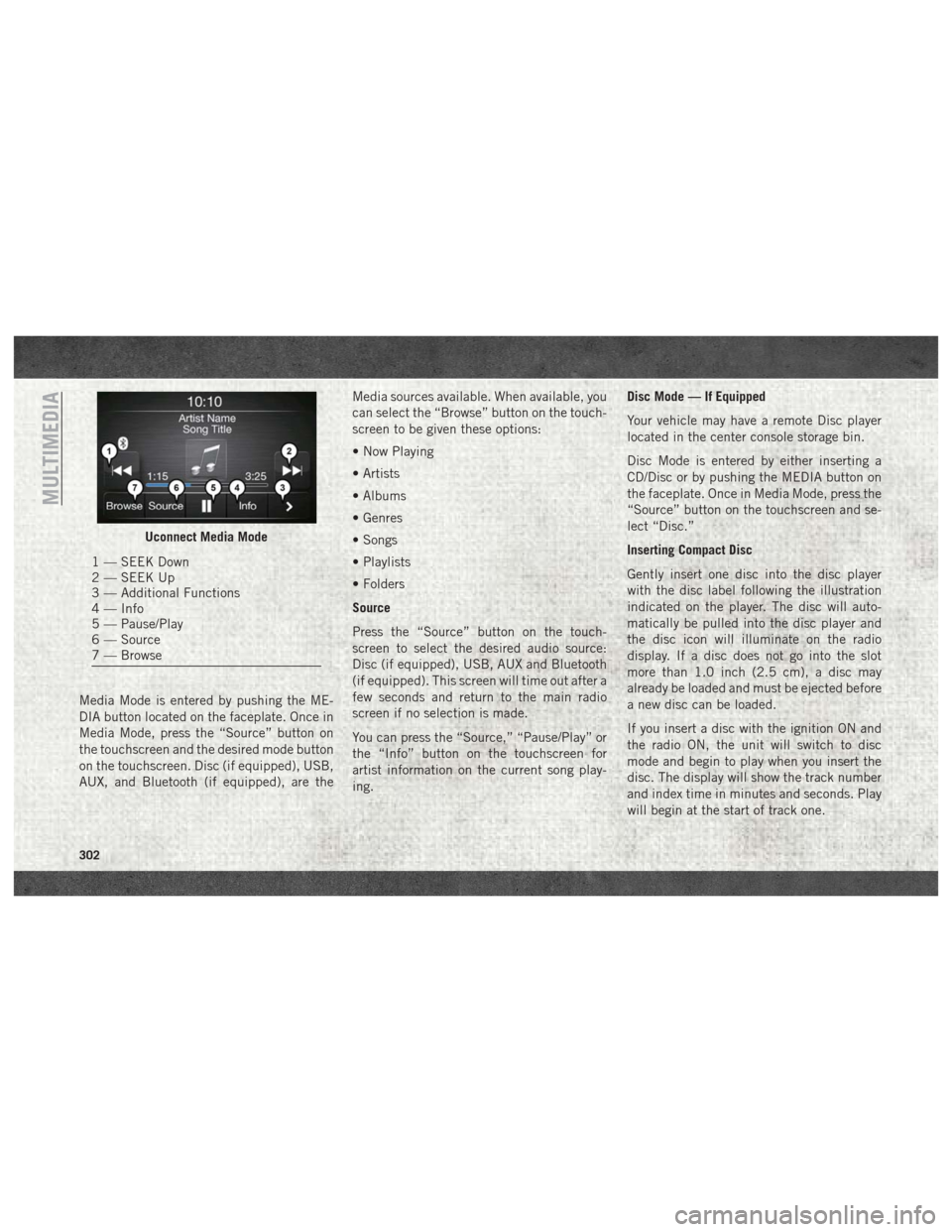 Ram 2500 2018 User Guide Media Mode is entered by pushing the ME-
DIA button located on the faceplate. Once in
Media Mode, press the “Source” button on
the touchscreen and the desired mode button
on the touchscreen. Disc Ram 2500 2018 User Guide Media Mode is entered by pushing the ME-
DIA button located on the faceplate. Once in
Media Mode, press the “Source” button on
the touchscreen and the desired mode button
on the touchscreen. Disc