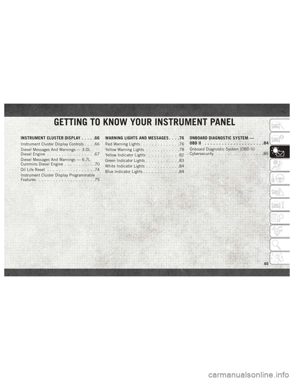 Ram 2500 2018 Owners Manual GETTING TO KNOW YOUR INSTRUMENT PANEL
INSTRUMENT CLUSTER DISPLAY.....66
Instrument Cluster Display Controls ....66
Diesel Messages And Warnings — 3.0L
Diesel Engine .................67
Diesel Messag Ram 2500 2018 Owners Manual GETTING TO KNOW YOUR INSTRUMENT PANEL
INSTRUMENT CLUSTER DISPLAY.....66
Instrument Cluster Display Controls ....66
Diesel Messages And Warnings — 3.0L
Diesel Engine .................67
Diesel Messag