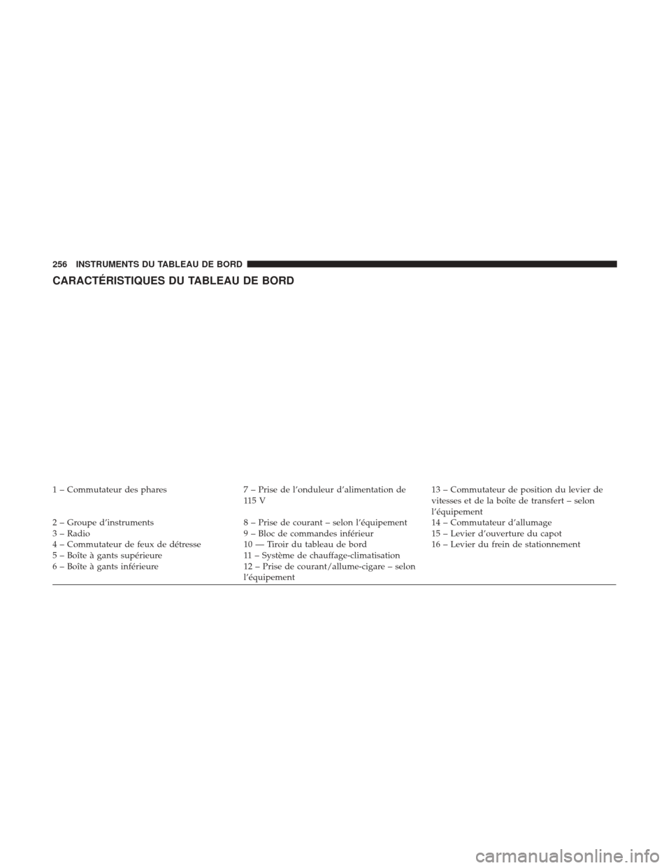 Ram 2500 2017  Manuel du propriétaire (in French)  CARACTÉRISTIQUES DU TABLEAU DE BORD
1 – Commutateur des phares7 – Prise de l’onduleur d’alimentation de
11 5 V 13 – Commutateur de position du levier de
vitesses et de la boîte de transfer