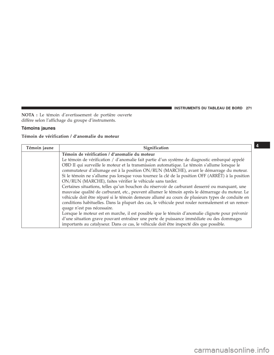 Ram 2500 2017 Manuel du propriétaire (in French) NOTA :Le témoin d’avertissement de portière ouverte
diffère selon l’affichage du groupe d’instruments.
Témoins jaunes
Témoin de vérification / d’anomalie du moteur
Témoin jaune Signific Ram 2500 2017 Manuel du propriétaire (in French) NOTA :Le témoin d’avertissement de portière ouverte
diffère selon l’affichage du groupe d’instruments.
Témoins jaunes
Témoin de vérification / d’anomalie du moteur
Témoin jaune Signific