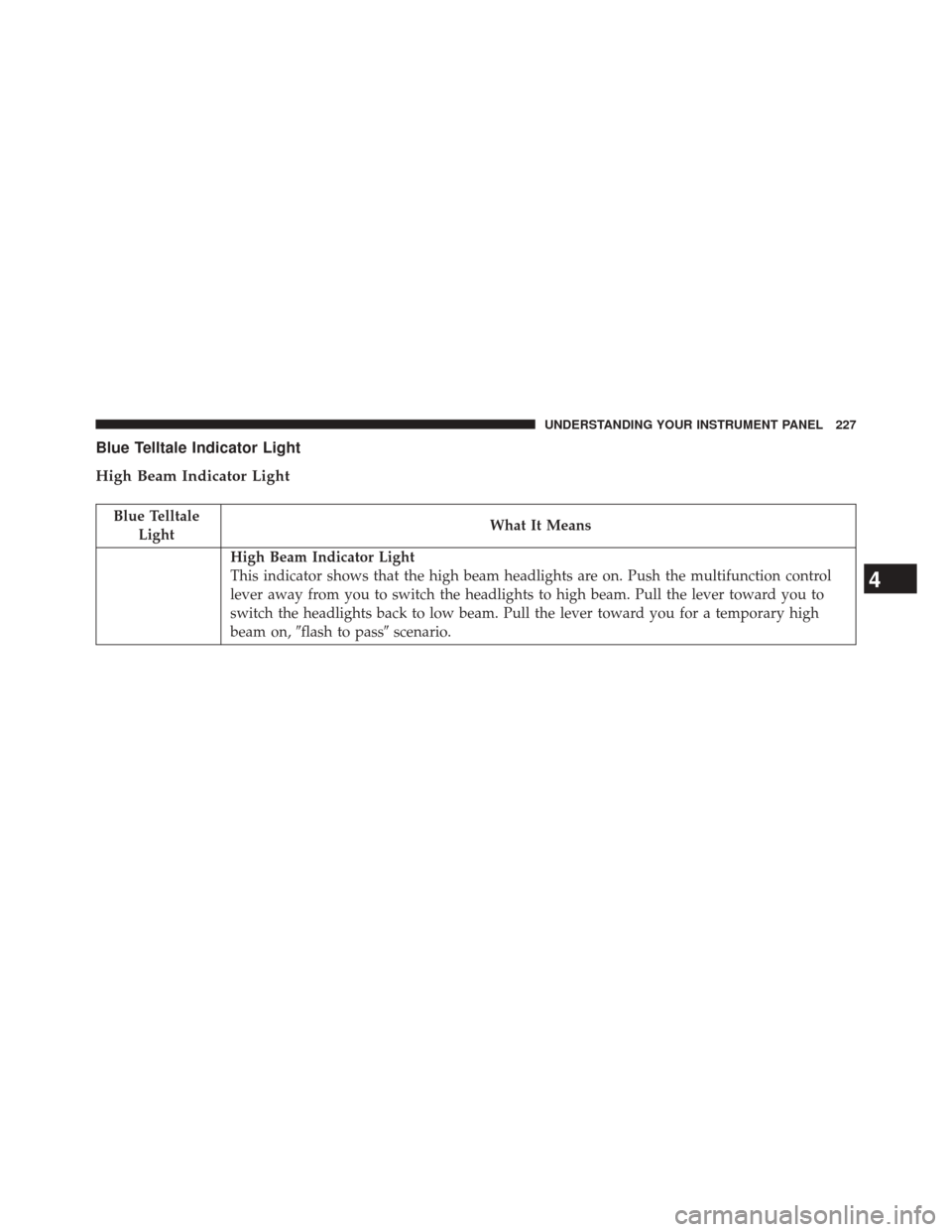 Ram 2500 2016  Diesel Supplement Blue Telltale Indicator Light
High Beam Indicator Light
Blue TelltaleLight What It Means
High Beam Indicator Light
This indicator shows that the high beam headlights are on. Push the multifunction con