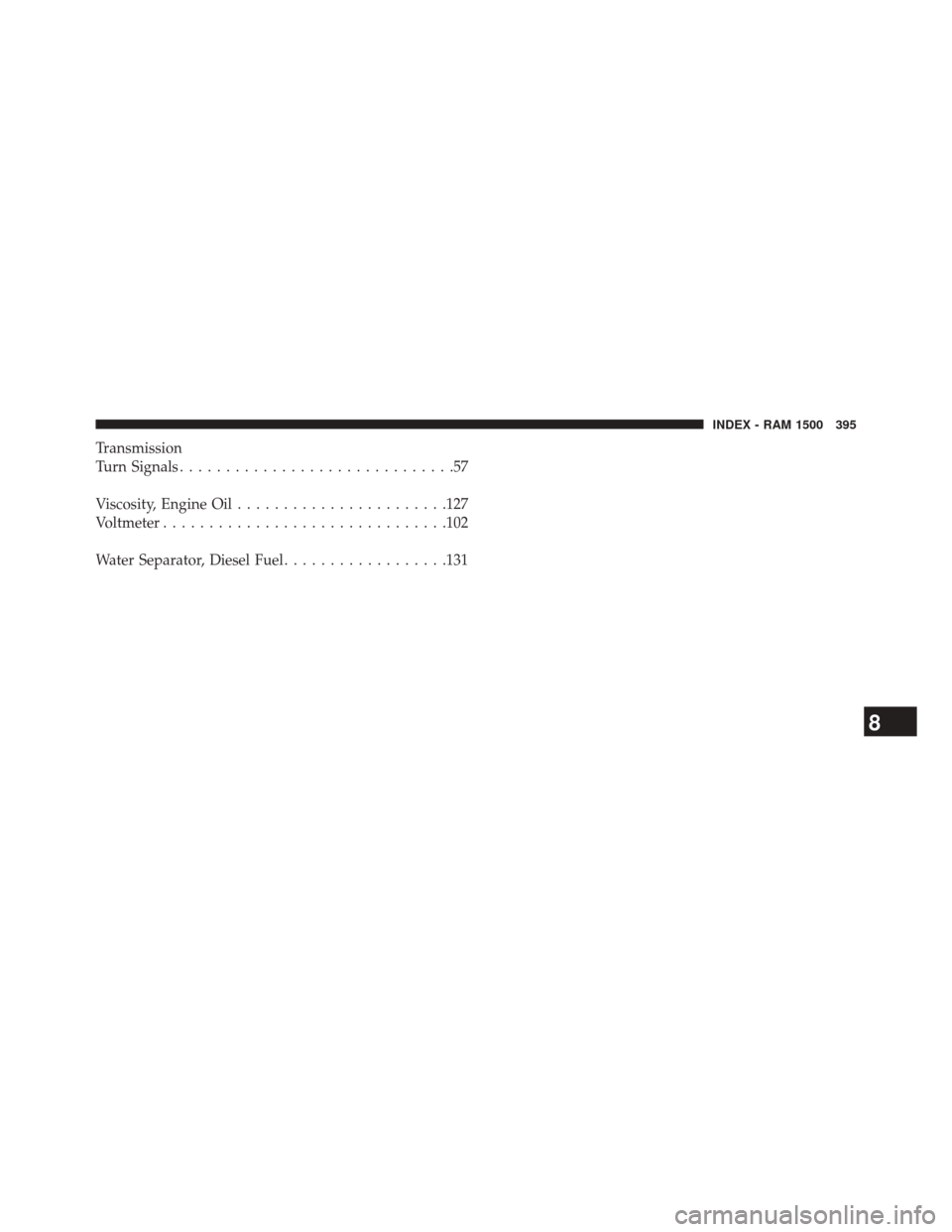 Ram 2500 2016  Diesel Supplement Transmission
Turn Signals..............................57
Viscosity, Engine Oil ...................... .127
Voltmeter .............................. .102
Water Separator, Diesel Fuel .................
