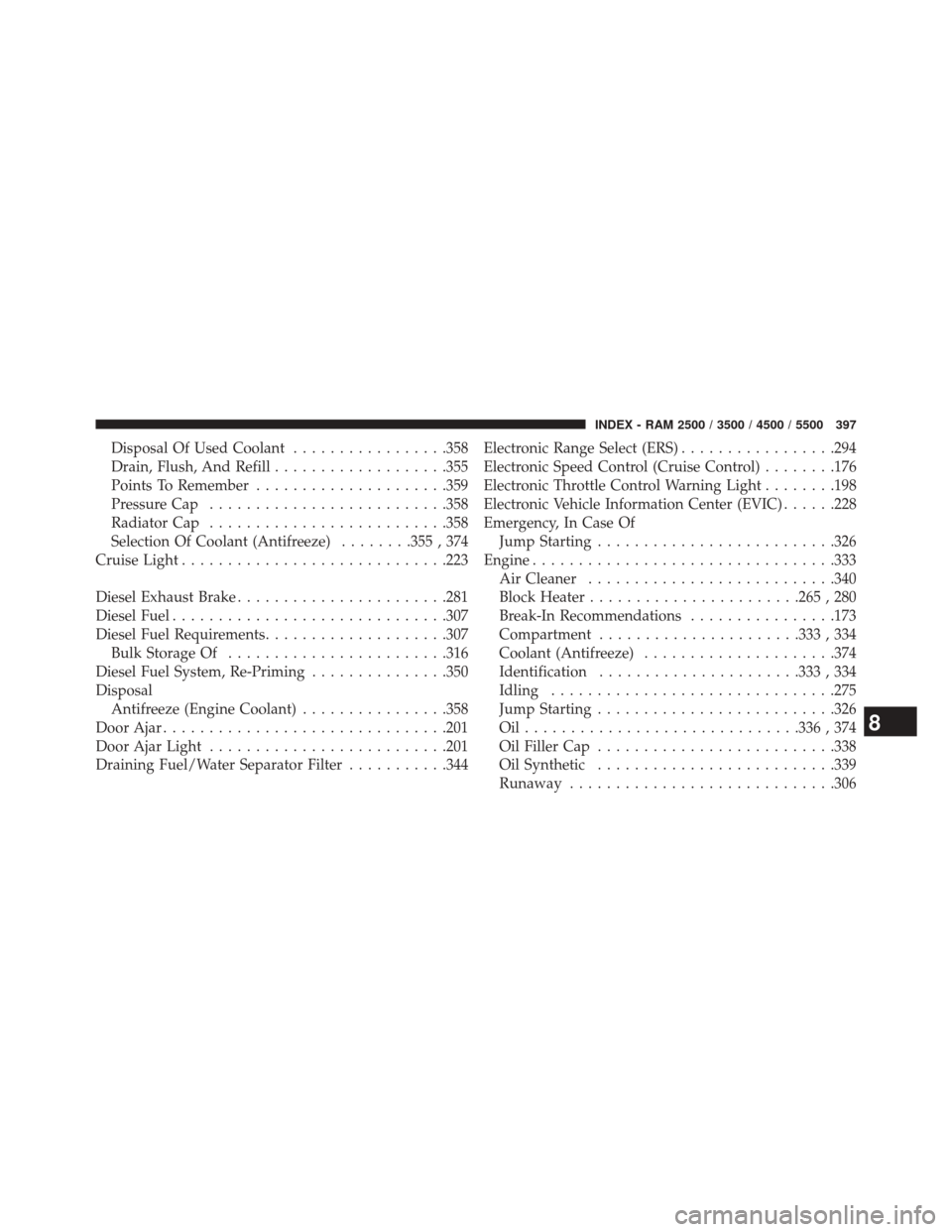 Ram 2500 2016  Diesel Supplement Disposal Of Used Coolant.................358
Drain, Flush, And Refill ...................355
Points To Remember .....................359
Pressure Cap ......................... .358
Radiator Cap ......