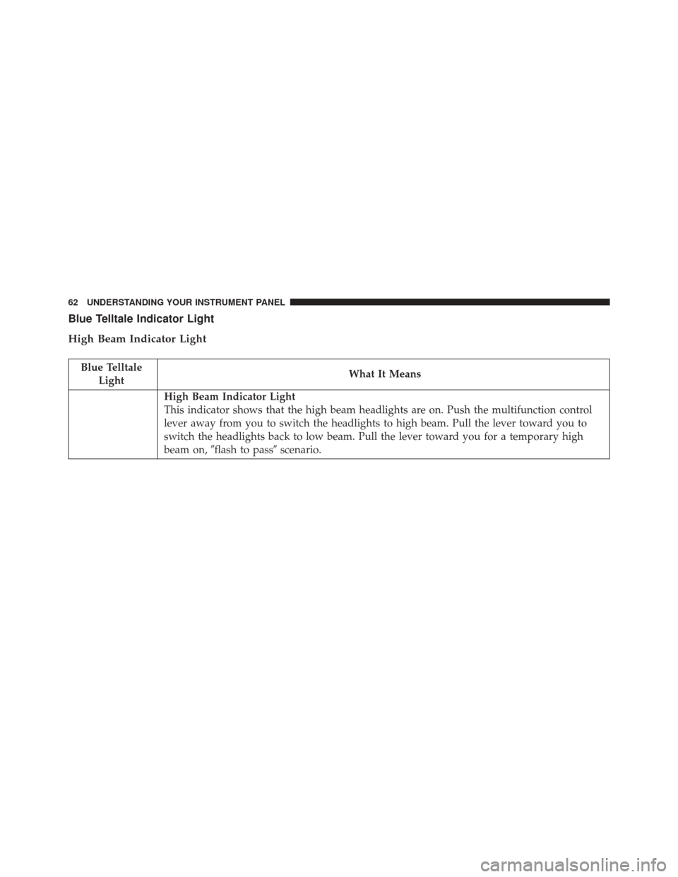 Ram 2500 2016  Diesel Supplement Blue Telltale Indicator Light
High Beam Indicator Light
Blue TelltaleLight What It Means
High Beam Indicator Light
This indicator shows that the high beam headlights are on. Push the multifunction con