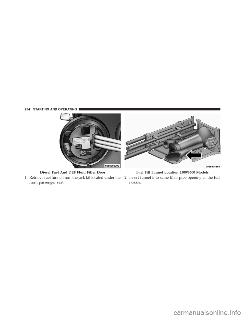 Ram 2500 2014 Diesel Supplement 1. Retrieve fuel funnel from the jack kit located under the
front passenger seat.2. Insert funnel into same filler pipe opening as the fuel
nozzle.
Diesel Fuel And DEF Fluid Filler DoorFuel Fill Funne Ram 2500 2014 Diesel Supplement 1. Retrieve fuel funnel from the jack kit located under the
front passenger seat.2. Insert funnel into same filler pipe opening as the fuel
nozzle.
Diesel Fuel And DEF Fluid Filler DoorFuel Fill Funne