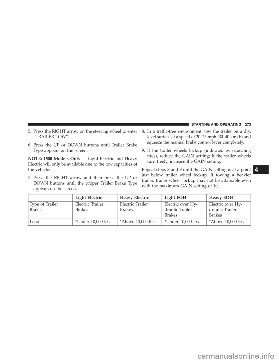 Ram 2500 2014 Diesel Supplement 5. Press the RIGHT arrow on the steering wheel to enter
“TRAILER TOW”.
6. Press the UP or DOWN buttons until Trailer Brake
Type appears on the screen.
NOTE: 1500 Models Only— Light Electric and Ram 2500 2014 Diesel Supplement 5. Press the RIGHT arrow on the steering wheel to enter
“TRAILER TOW”.
6. Press the UP or DOWN buttons until Trailer Brake
Type appears on the screen.
NOTE: 1500 Models Only— Light Electric and