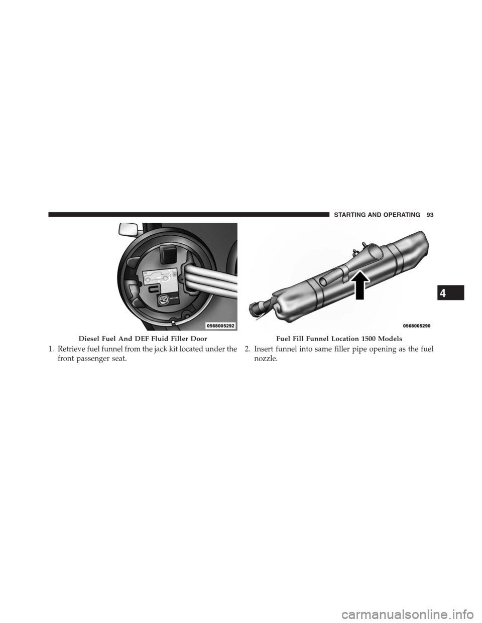 Ram 2500 2014  Diesel Supplement 1. Retrieve fuel funnel from the jack kit located under the
front passenger seat.2. Insert funnel into same filler pipe opening as the fuel
nozzle.
Diesel Fuel And DEF Fluid Filler DoorFuel Fill Funne