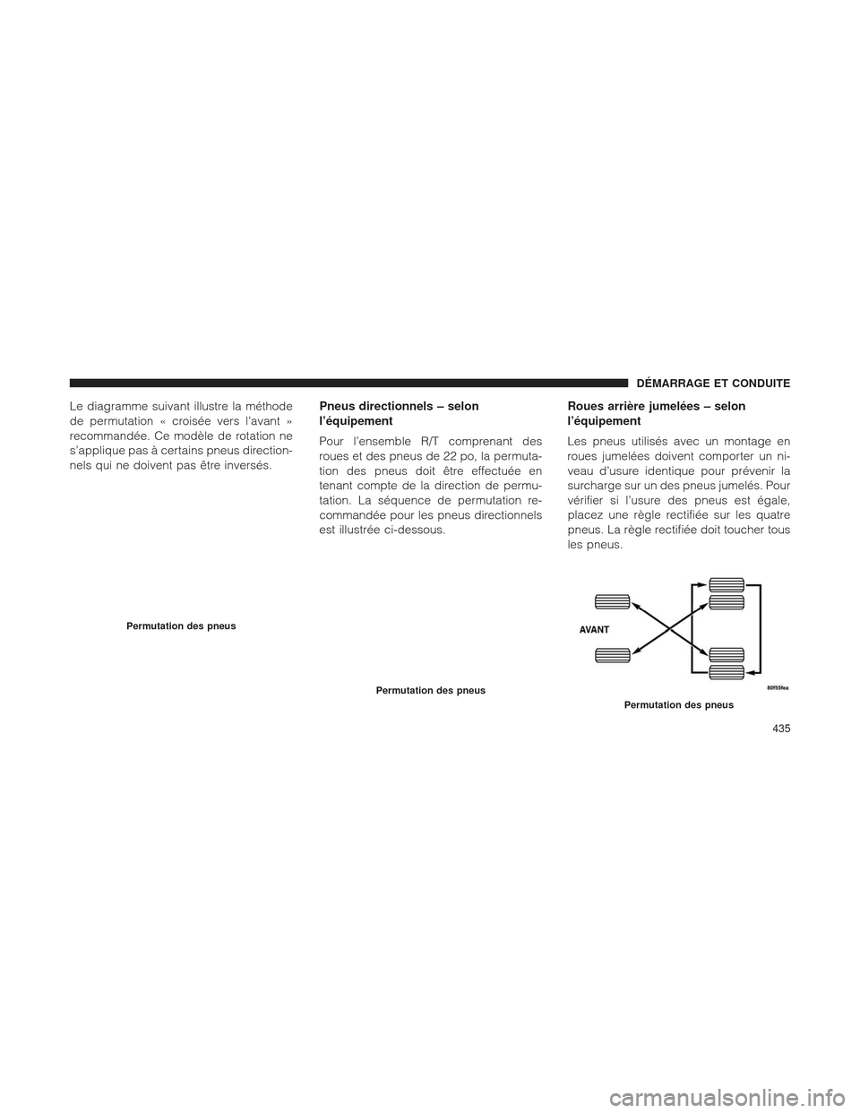 Ram 2500 2013  Manuel du propriétaire (in French)  Le diagramme suivant illustre la méthode
de permutation « croisée vers l’avant »
recommandée. Ce modèle de rotation ne
s’applique pas à certains pneus direction-
nels qui ne doivent pas êt