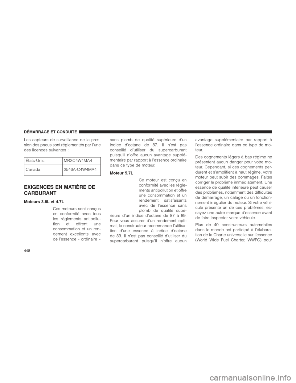 Ram 2500 2013  Manuel du propriétaire (in French)  Les capteurs de surveillance de la pres-
sion des pneus sont réglementés par l’une
des licences suivantes :
États-Unis MRXC4W4MA4
Canada 2546A-C4W4MA4
EXIGENCES EN MATIÈRE DE
CARBURANT
Moteurs 3