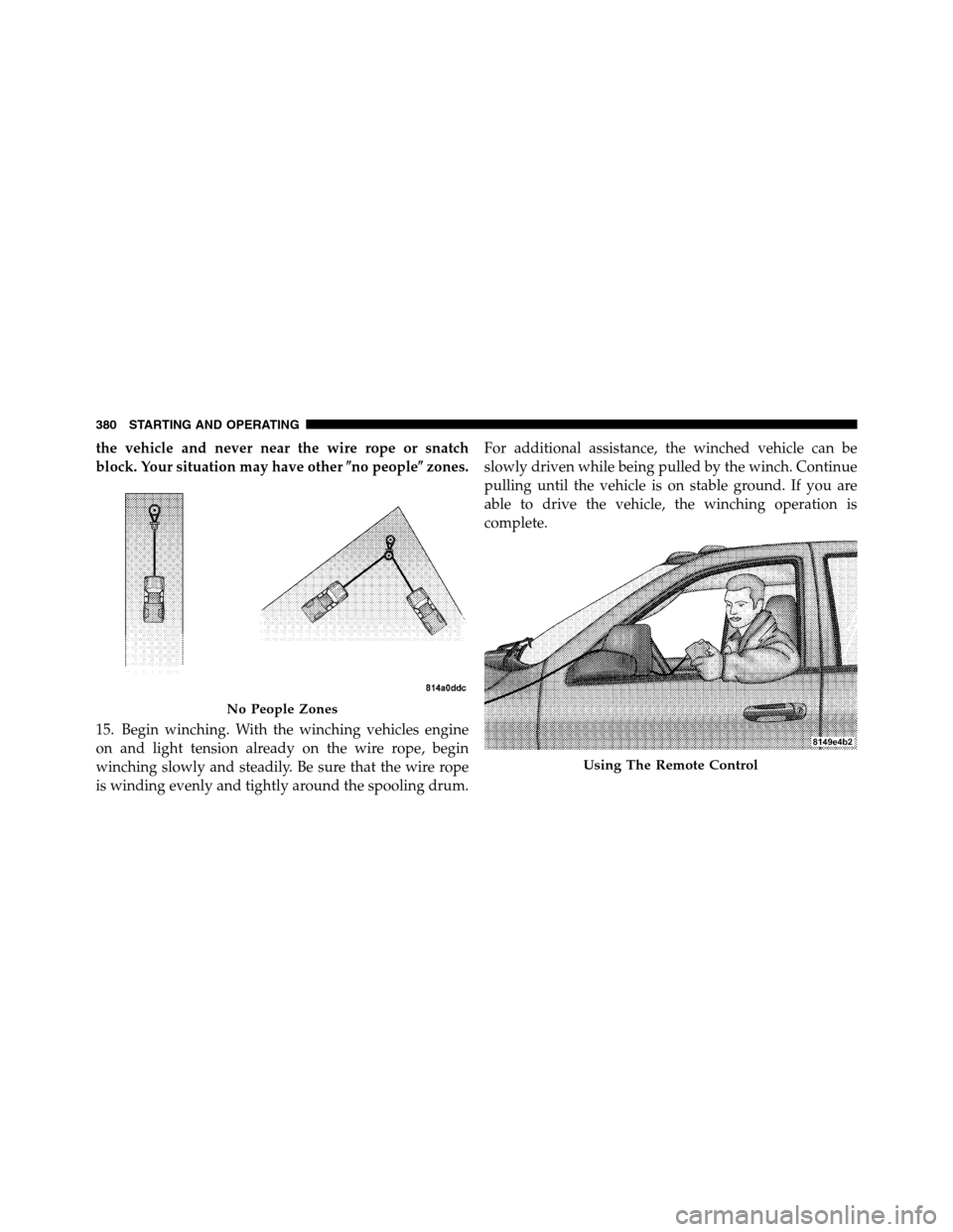 Ram 2500 2011 User Guide the vehicle and never near the wire rope or snatch
block. Your situation may have otherno peoplezones.
15. Begin winching. With the winching vehicles engine
on and light tension already on the wire 