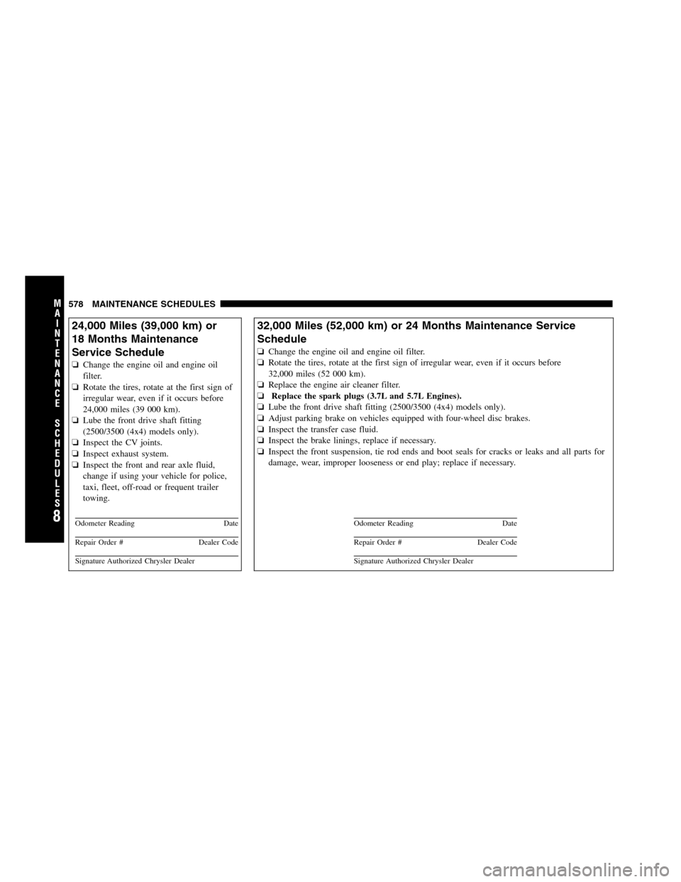 Ram 2500 2011  Owners Manual 24,000 Miles (39,000 km) or
18 Months Maintenance
Service Schedule
❏Change the engine oil and engine oil
filter.
❏Rotate the tires, rotate at the first sign of
irregular wear, even if it occurs be