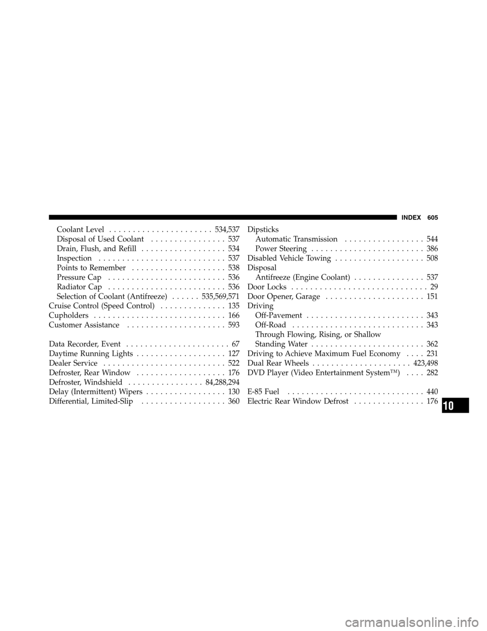 Ram 2500 2011  Owners Manual Coolant Level......................534,537
Disposal of Used Coolant................ 537
Drain, Flush, and Refill.................. 534
Inspection........................... 537
Points to Remember.....