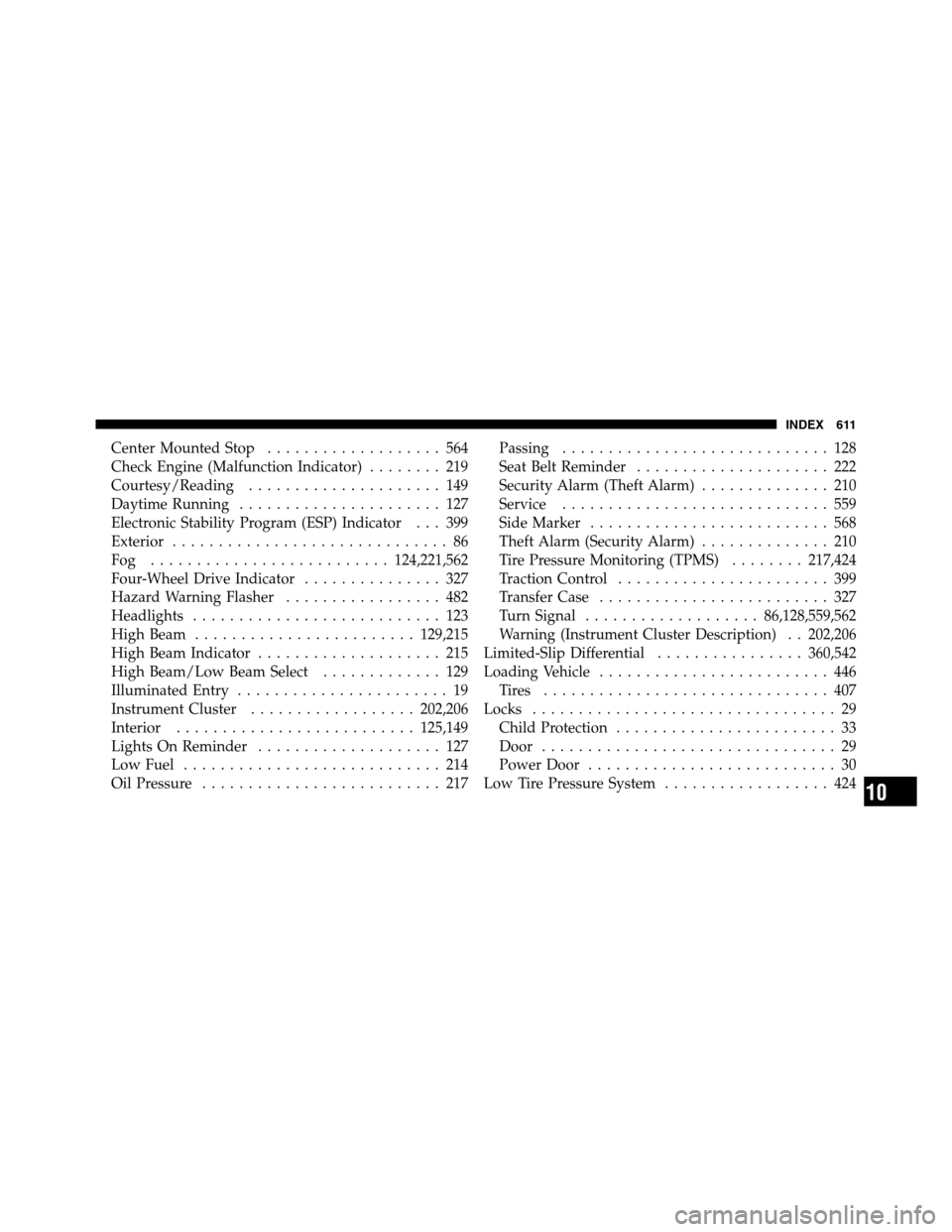 Ram 2500 2011  Owners Manual Center Mounted Stop................... 564
Check Engine (Malfunction Indicator)........ 219
Courtesy/Reading..................... 149
Daytime Running...................... 127
Electronic Stability Pro