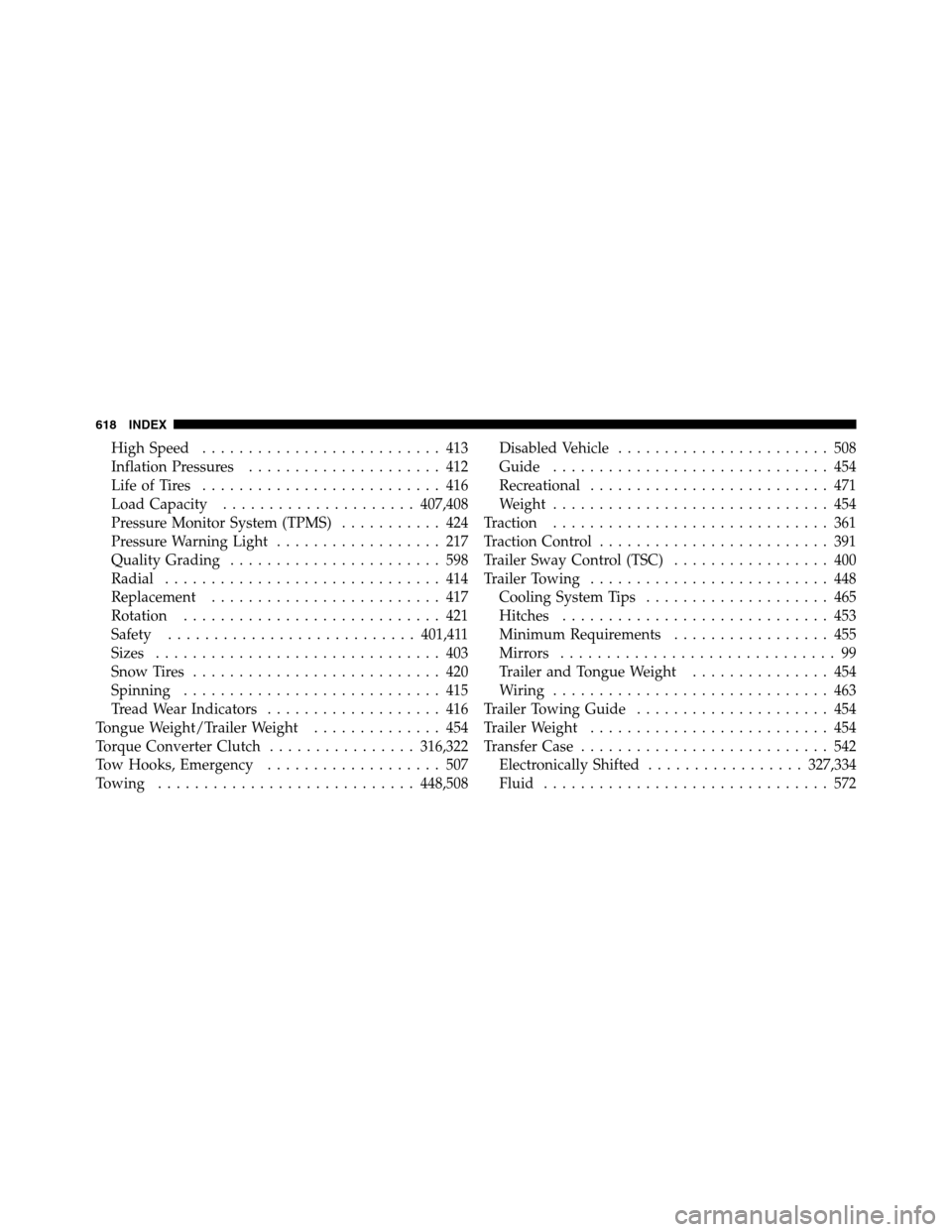 Ram 2500 2011 Workshop Manual High Speed.......................... 413
Inflation Pressures..................... 412
Life of Tires.......................... 416
Load Capacity.....................407,408
Pressure Monitor System (TPM