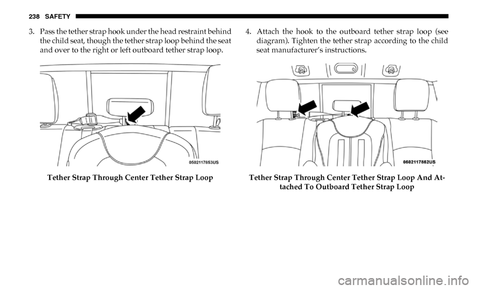 Ram 3500 Chassis Cab 2019  Owners Manual 238 SAFETY
3. Pass the tether strap hook under the head restraint behindthe child seat, though the tether strap loop behind the seat
and over to the right or left outboard tether strap loop.
Tether St
