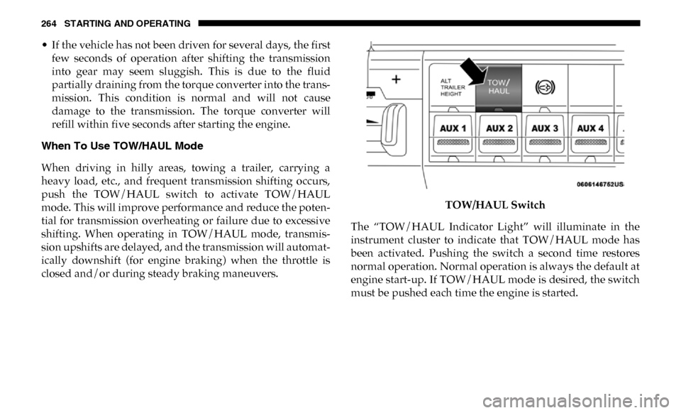 Ram 3500 Chassis Cab 2019 Owners Manual 264 STARTING AND OPERATING
• If the vehicle has not been driven for several days, the firstfew seconds of operation after shifting the transmission
into gear may seem sluggish. This is Ram 3500 Chassis Cab 2019 Owners Manual 264 STARTING AND OPERATING
• If the vehicle has not been driven for several days, the firstfew seconds of operation after shifting the transmission
into gear may seem sluggish. This is