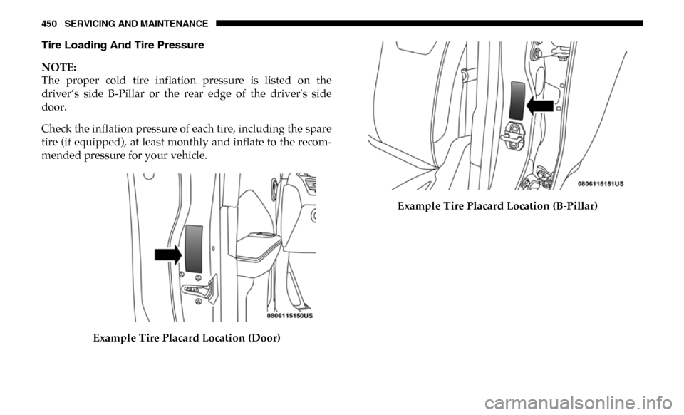 Ram 3500 Chassis Cab 2019 Owners Manual 450 SERVICING AND MAINTENANCE
Tire Loading And Tire Pressure
NOTE:
The proper cold tire inflation pressure is listed on the
driver’s side B-Pillar or the rear edge of the driver Ram 3500 Chassis Cab 2019 Owners Manual 450 SERVICING AND MAINTENANCE
Tire Loading And Tire Pressure
NOTE:
The proper cold tire inflation pressure is listed on the
driver’s side B-Pillar or the rear edge of the driver