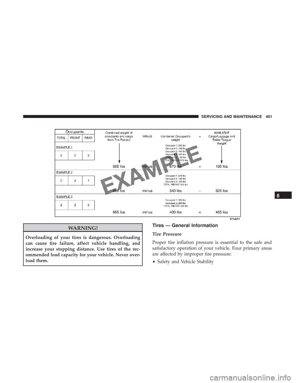 Ram 3500 Chassis Cab 2018 Owners Manual WARNING!
Overloading of your tires is dangerous. Overloading
can cause tire failure, affect vehicle handling, and
increase your stopping distance. Use tires of the rec-
ommended load capacity for your Ram 3500 Chassis Cab 2018 Owners Manual WARNING!
Overloading of your tires is dangerous. Overloading
can cause tire failure, affect vehicle handling, and
increase your stopping distance. Use tires of the rec-
ommended load capacity for your