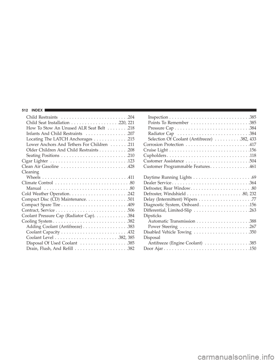 Ram 3500 Chassis Cab 2018 Owners Manual Child Restraints........................ .204
Child Seat Installation ..................220, 221
How To Stow An Unused ALR Seat Belt ........218
Infants And Child Restraints ................207
Locati Ram 3500 Chassis Cab 2018 Owners Manual Child Restraints........................ .204
Child Seat Installation ..................220, 221
How To Stow An Unused ALR Seat Belt ........218
Infants And Child Restraints ................207
Locati