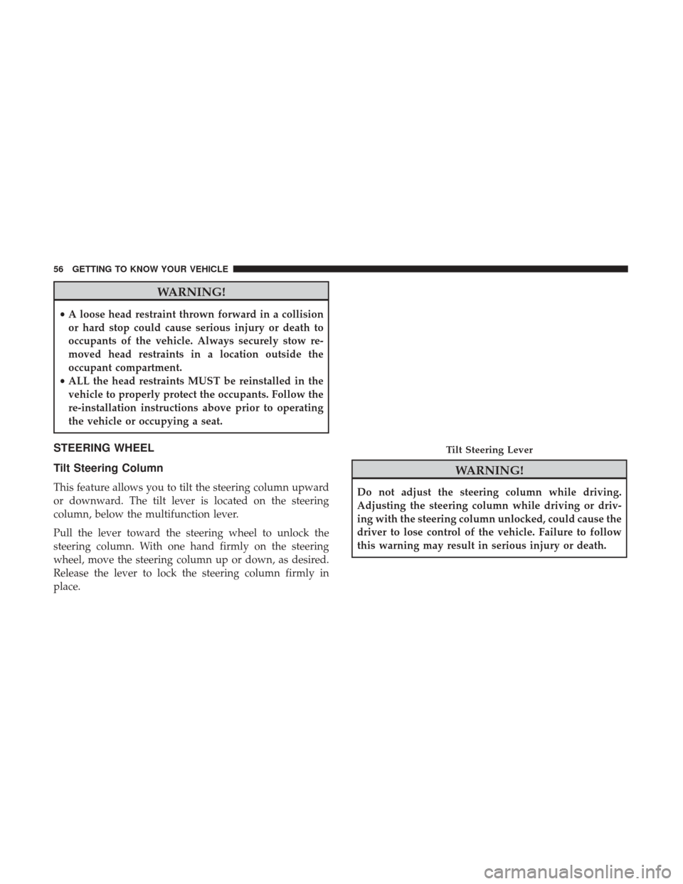 Ram 3500 Chassis Cab 2018  Owners Manual WARNING!
•A loose head restraint thrown forward in a collision
or hard stop could cause serious injury or death to
occupants of the vehicle. Always securely stow re-
moved head restraints in a locat