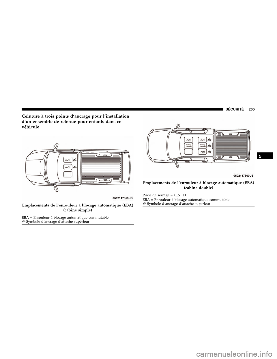 Ram 3500 Chassis Cab 2018  Manuel du propriétaire (in French)  Ceinture à trois points d’ancrage pour l’installation
d’un ensemble de retenue pour enfants dans ce
véhicule
Emplacements de l’enrouleur à blocage automatique (EBA)(cabine simple)
EBA = Enr