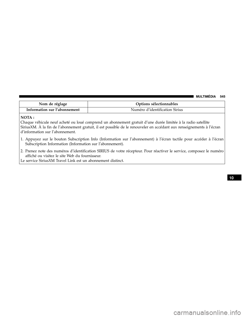 Ram 3500 Chassis Cab 2018  Manuel du propriétaire (in French)  Nom de réglageOptions sélectionnables
Information sur l’abonnement Numéro d’identification Sirius
NOTA :
Chaque véhicule neuf acheté ou loué comprend un abonnement gratuit d’une durée lim