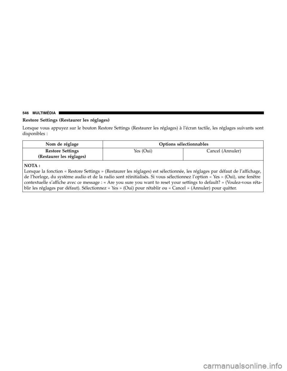 Ram 3500 Chassis Cab 2018  Manuel du propriétaire (in French)  Restore Settings (Restaurer les réglages)
Lorsque vous appuyez sur le bouton Restore Settings (Restaurer les réglages) à l’écran tactile, les réglages suivants sont
disponibles :
Nom de réglag