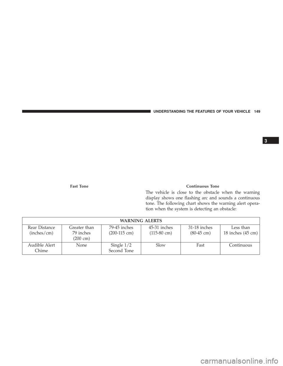 Ram 3500 Chassis Cab 2017  Owners Manual The vehicle is close to the obstacle when the warning
display shows one flashing arc and sounds a continuous
tone. The following chart shows the warning alert opera-
tion when the system is detecting 