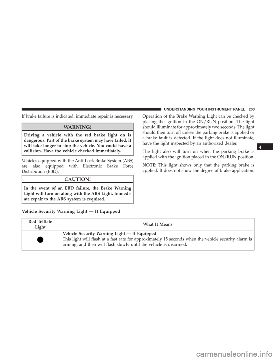 Ram 3500 Chassis Cab 2017 Owners Guide If brake failure is indicated, immediate repair is necessary.
WARNING!
Driving a vehicle with the red brake light on is
dangerous. Part of the brake system may have failed. It
will take longer to stop